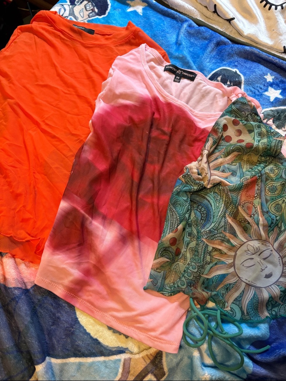 3 Sheer Tops Bright Orange Tee, Pink Ombre Rose Tee, and Patterned Sun Print Top